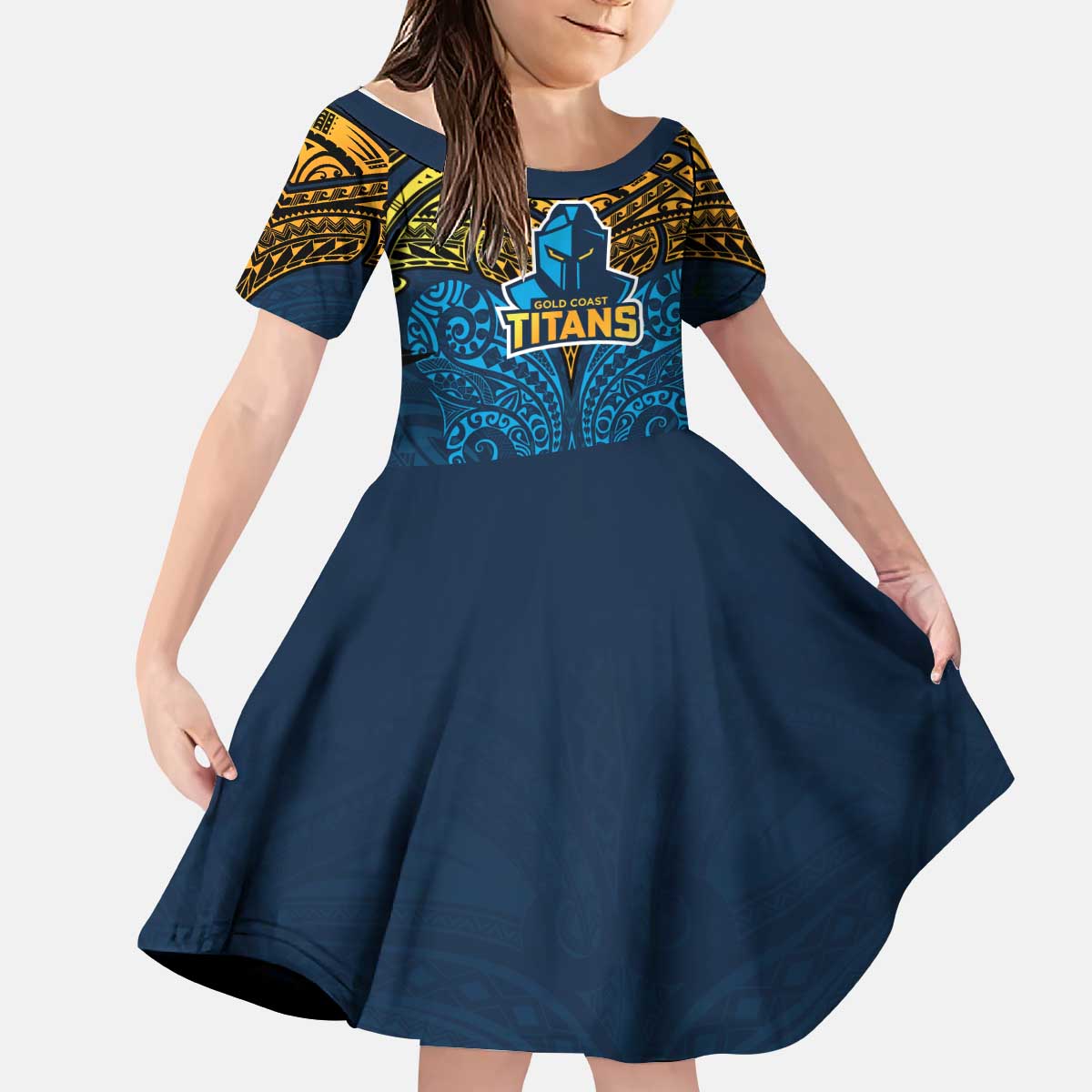 Personalized Gold Coast Titans Kid Short Sleeve Dress Polynesian Tribal Pattern Style