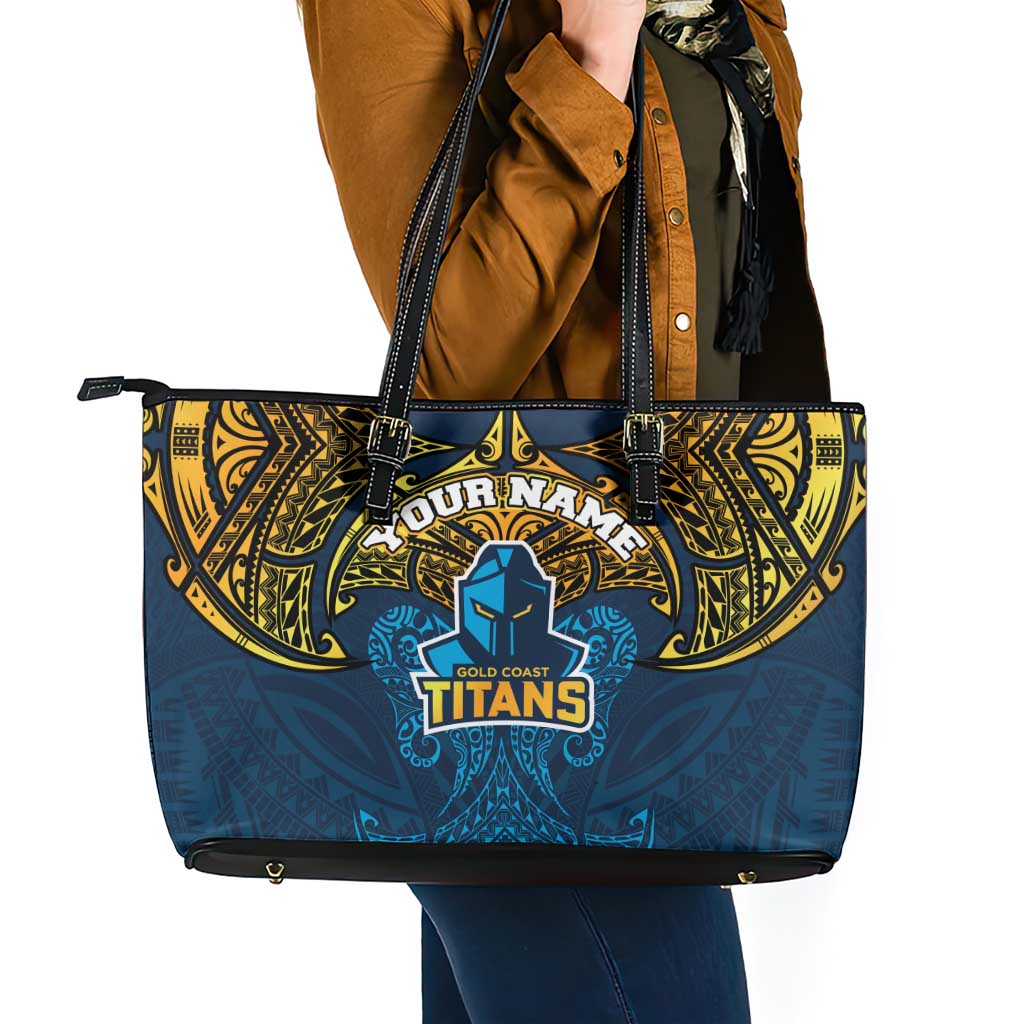 Personalized Gold Coast Titans Leather Tote Bag Polynesian Tribal Pattern Style