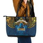 Personalized Gold Coast Titans Leather Tote Bag Polynesian Tribal Pattern Style