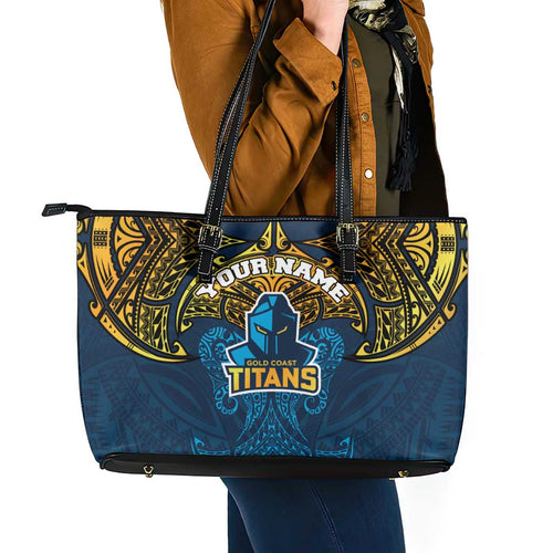 Personalized Gold Coast Titans Leather Tote Bag Polynesian Tribal Pattern Style