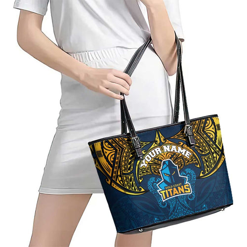 Personalized Gold Coast Titans Leather Tote Bag Polynesian Tribal Pattern Style