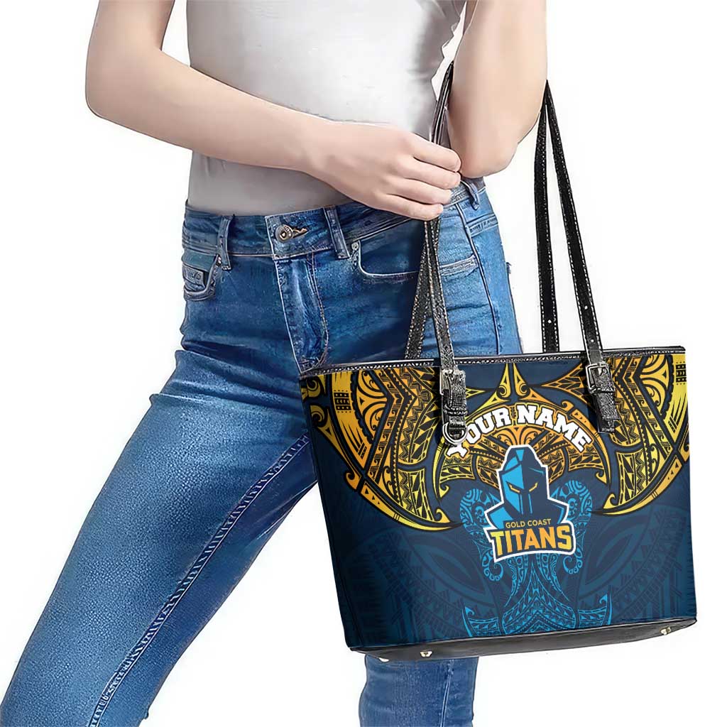 Personalized Gold Coast Titans Leather Tote Bag Polynesian Tribal Pattern Style