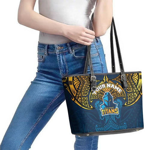 Personalized Gold Coast Titans Leather Tote Bag Polynesian Tribal Pattern Style