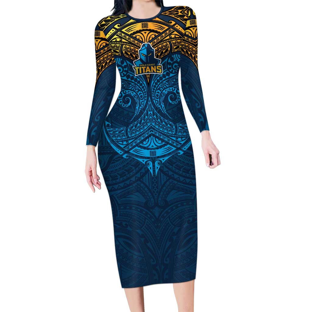 Personalized Gold Coast Titans Long Sleeve Bodycon Dress Polynesian Tribal Pattern Style