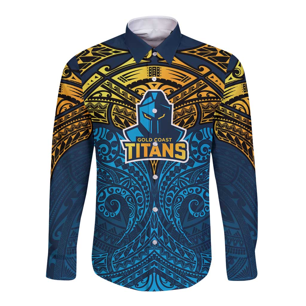 Personalized Gold Coast Titans Long Sleeve Button Shirt Polynesian Tribal Pattern Style