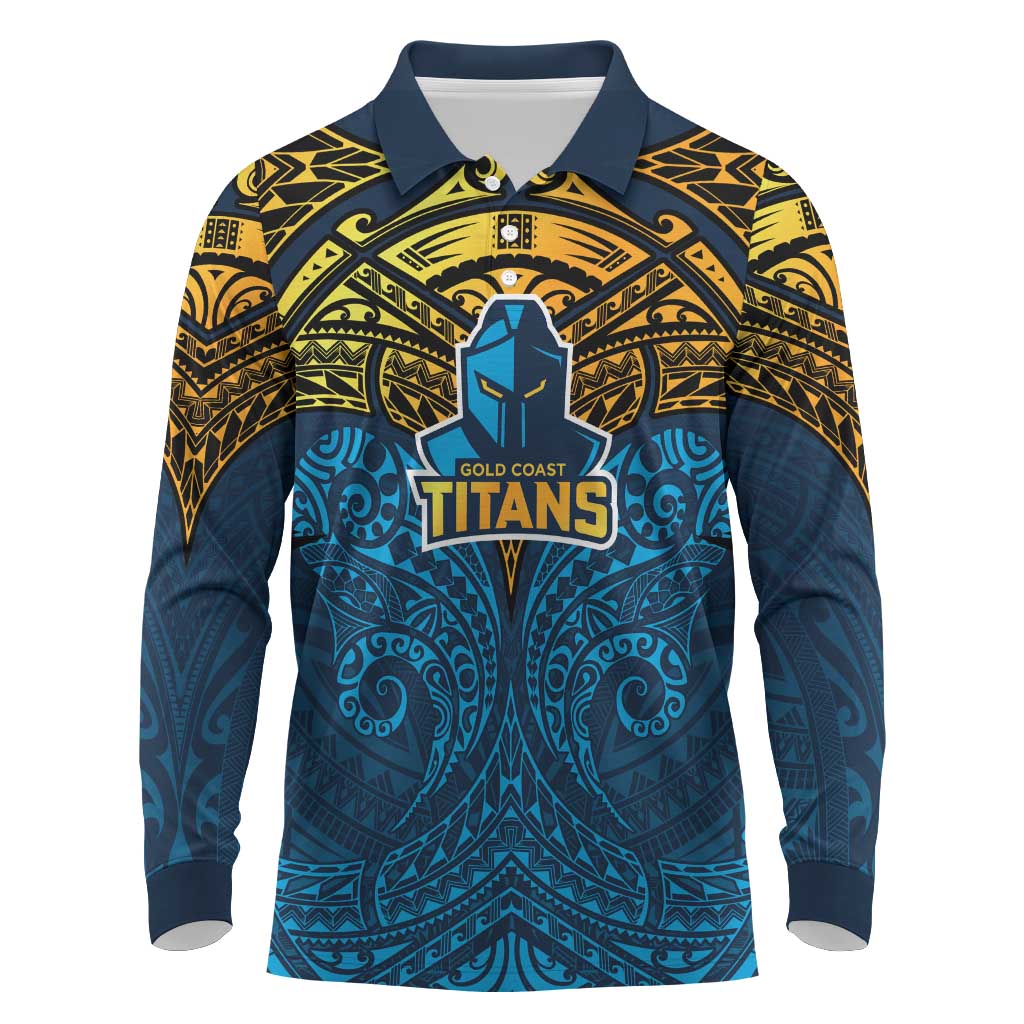 Personalized Gold Coast Titans Long Sleeve Polo Shirt Polynesian Tribal Pattern Style