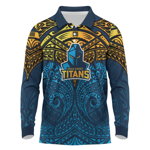 Personalized Gold Coast Titans Long Sleeve Polo Shirt Polynesian Tribal Pattern Style