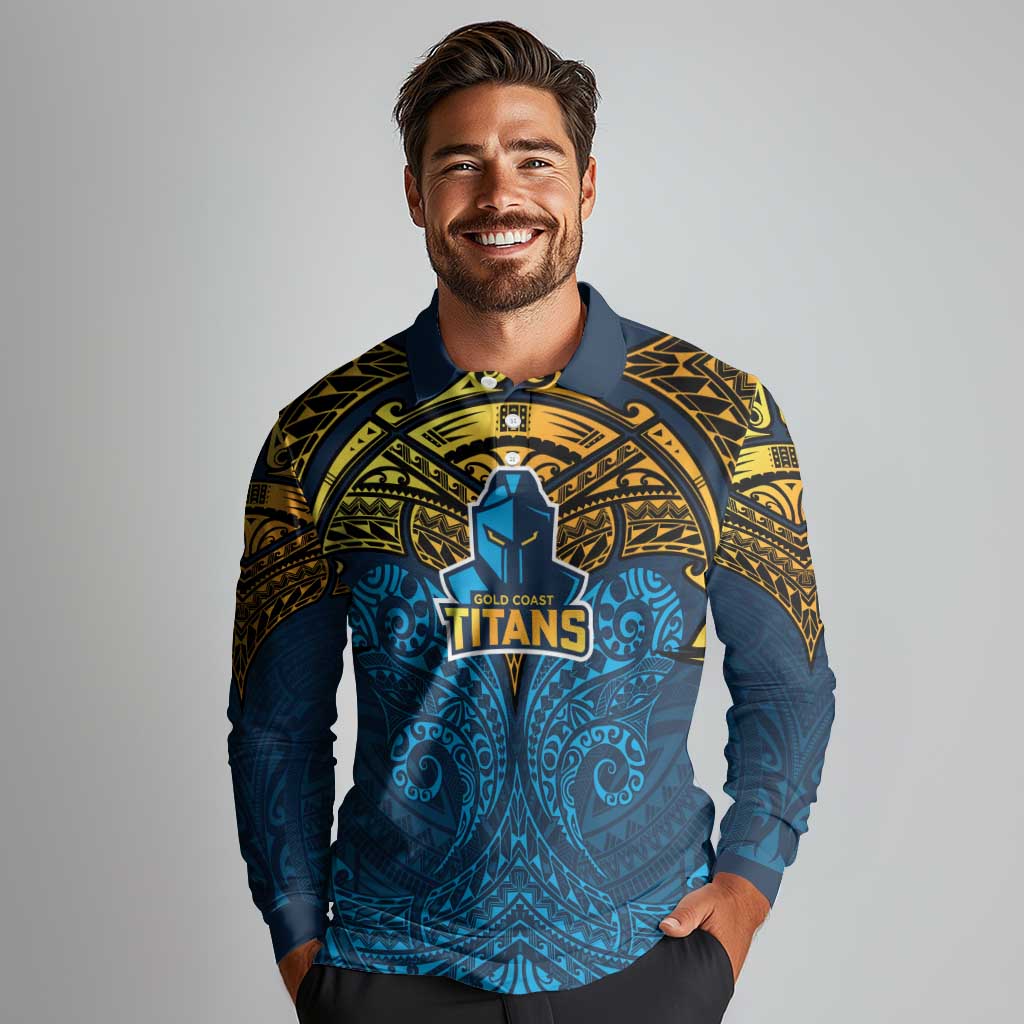 Personalized Gold Coast Titans Long Sleeve Polo Shirt Polynesian Tribal Pattern Style