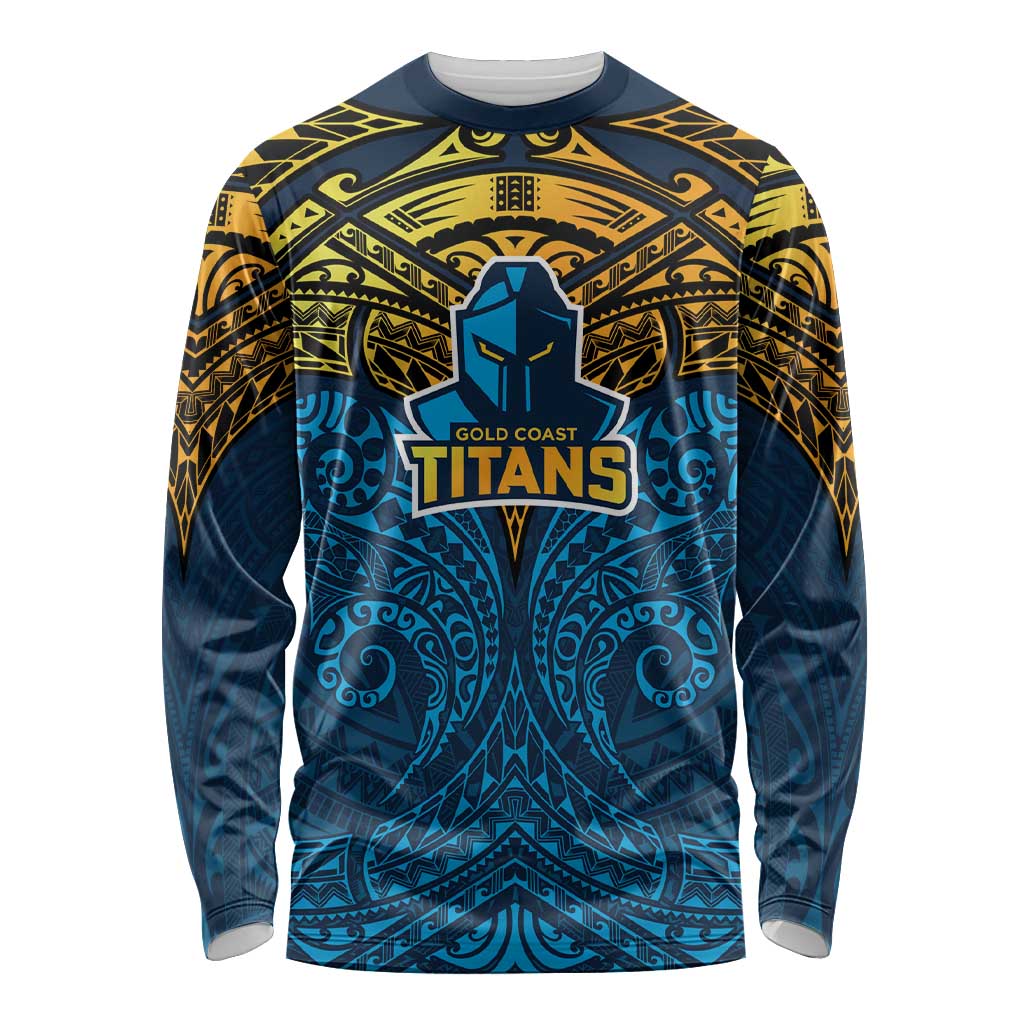 Personalized Gold Coast Titans Long Sleeve Shirt Polynesian Tribal Pattern Style