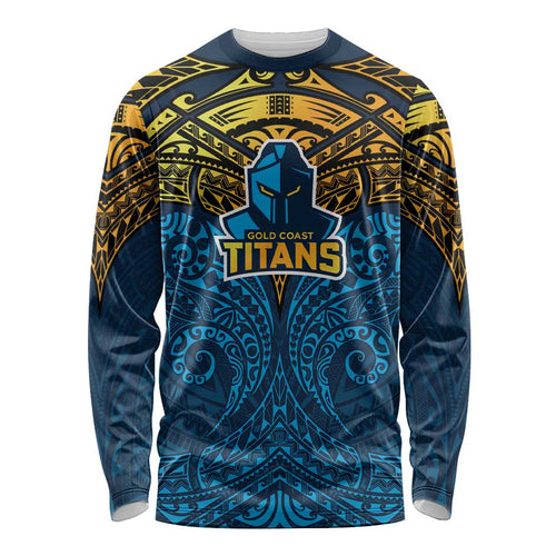Personalized Gold Coast Titans Long Sleeve Shirt Polynesian Tribal Pattern Style