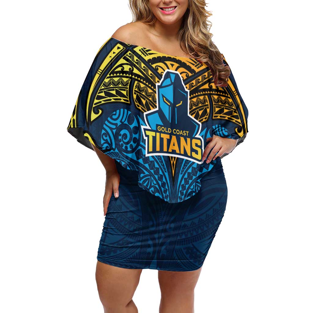 Personalized Gold Coast Titans Off Shoulder Short Dress Polynesian Tribal Pattern Style