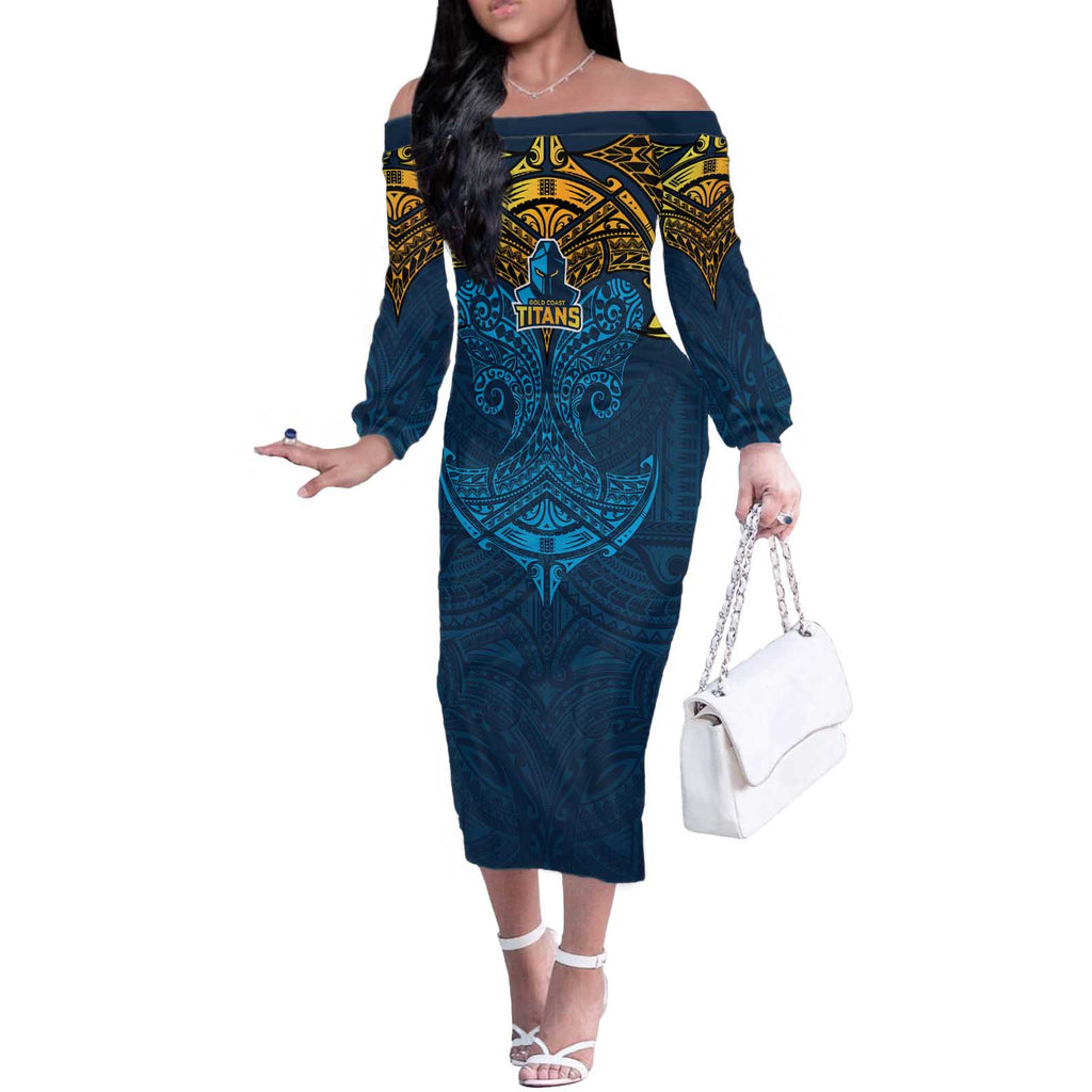 Personalized Gold Coast Titans Off The Shoulder Long Sleeve Dress Polynesian Tribal Pattern Style