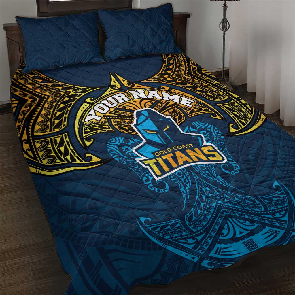 Personalized Gold Coast Titans Quilt Bed Set Polynesian Tribal Pattern Style