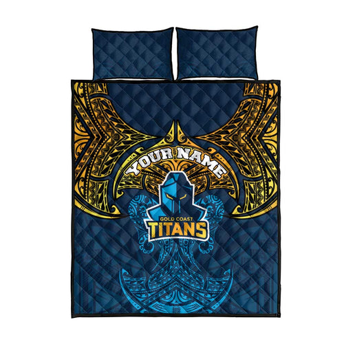 Personalized Gold Coast Titans Quilt Bed Set Polynesian Tribal Pattern Style
