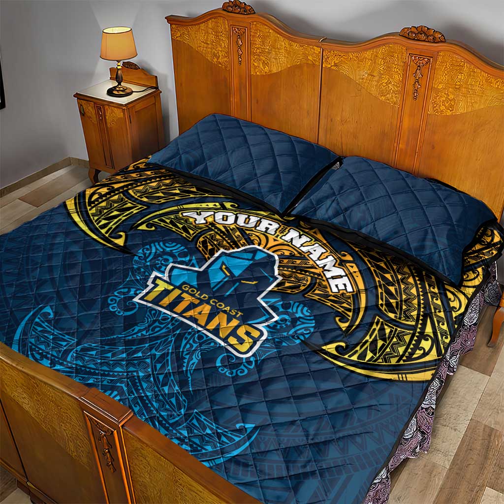 Personalized Gold Coast Titans Quilt Bed Set Polynesian Tribal Pattern Style