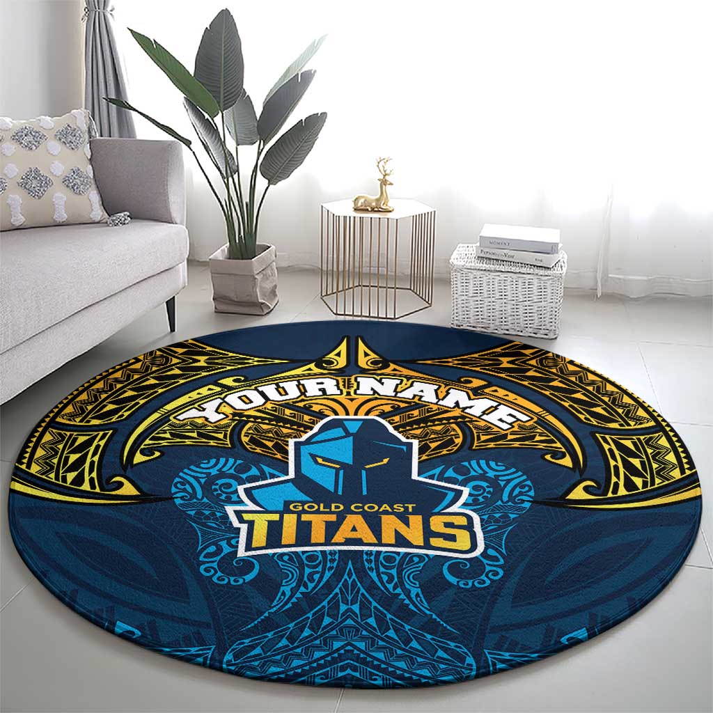 Personalized Gold Coast Titans Round Carpet Polynesian Tribal Pattern Style