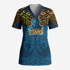 Personalized Gold Coast Titans Scrub Top Polynesian Tribal Pattern Style