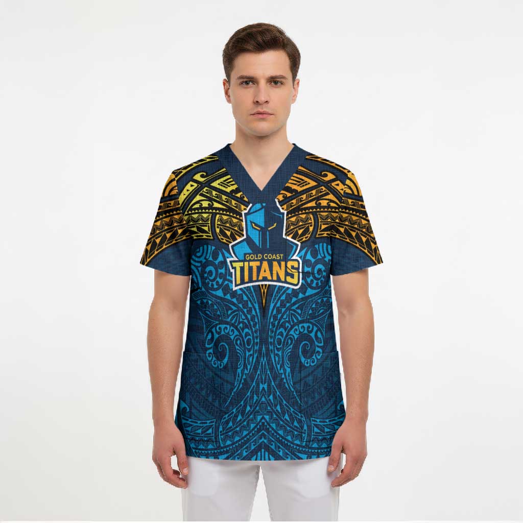 Personalized Gold Coast Titans Scrub Top Polynesian Tribal Pattern Style