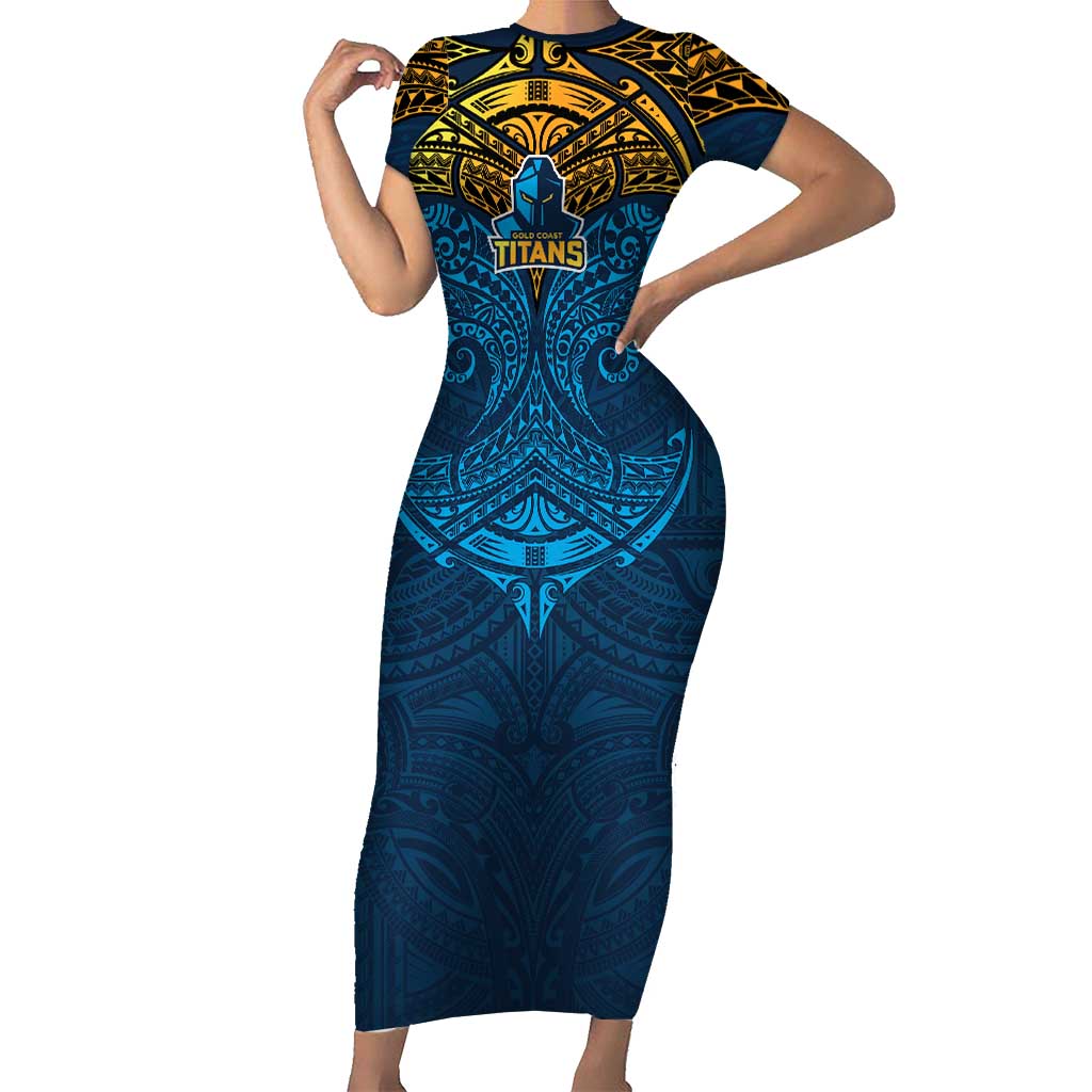Personalized Gold Coast Titans Short Sleeve Bodycon Dress Polynesian Tribal Pattern Style
