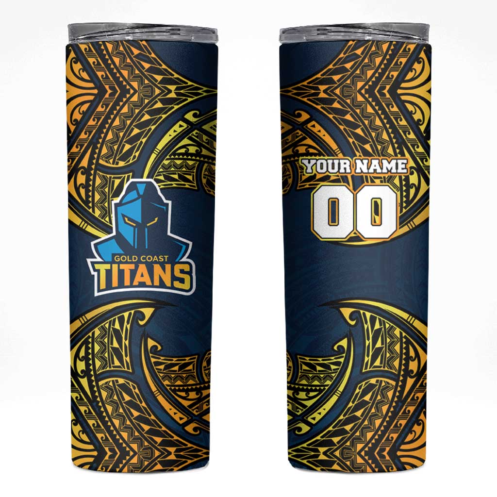 Personalized Gold Coast Titans Skinny Tumbler Polynesian Tribal Pattern Style