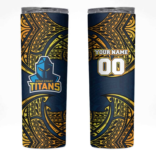 Personalized Gold Coast Titans Skinny Tumbler Polynesian Tribal Pattern Style