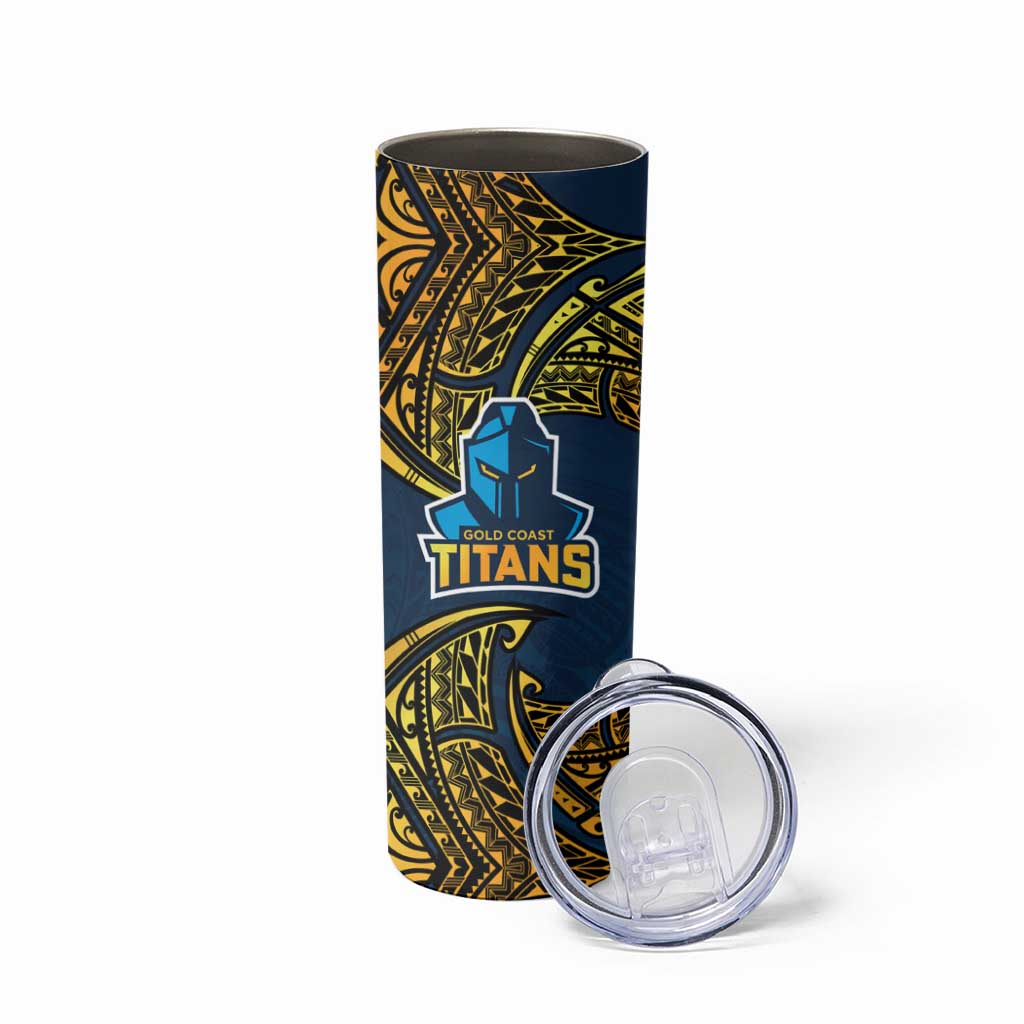 Personalized Gold Coast Titans Skinny Tumbler Polynesian Tribal Pattern Style