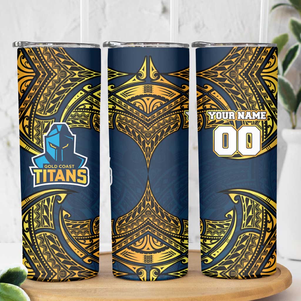 Personalized Gold Coast Titans Skinny Tumbler Polynesian Tribal Pattern Style