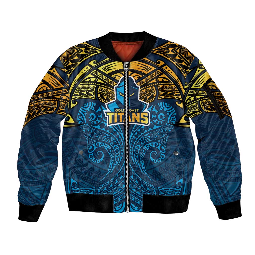 Personalized Gold Coast Titans Sleeve Zip Bomber Jacket Polynesian Tribal Pattern Style
