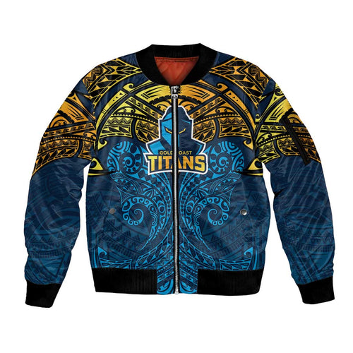 Personalized Gold Coast Titans Sleeve Zip Bomber Jacket Polynesian Tribal Pattern Style
