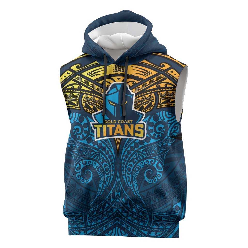 Personalized Gold Coast Titans Sleeveless Hoodie Polynesian Tribal Pattern Style