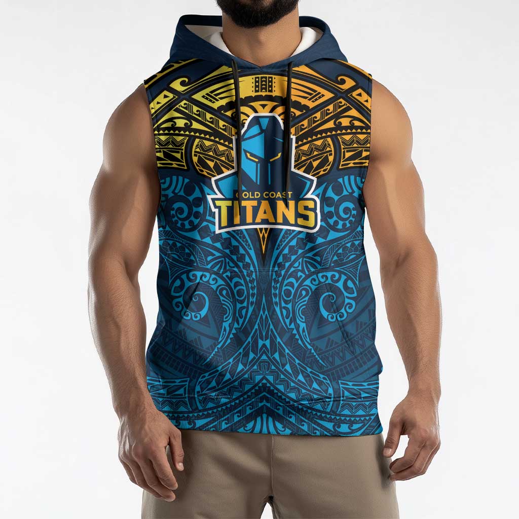 Personalized Gold Coast Titans Sleeveless Hoodie Polynesian Tribal Pattern Style