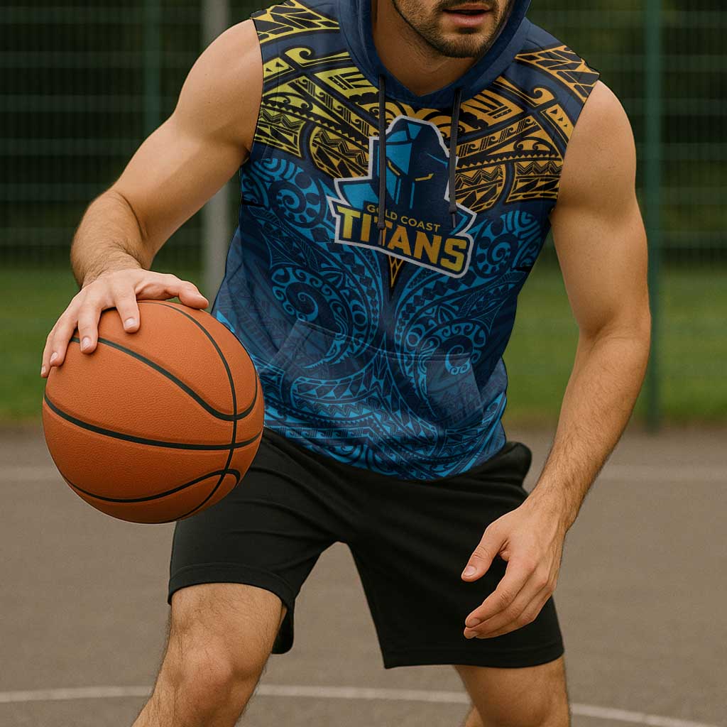 Personalized Gold Coast Titans Sleeveless Hoodie Polynesian Tribal Pattern Style