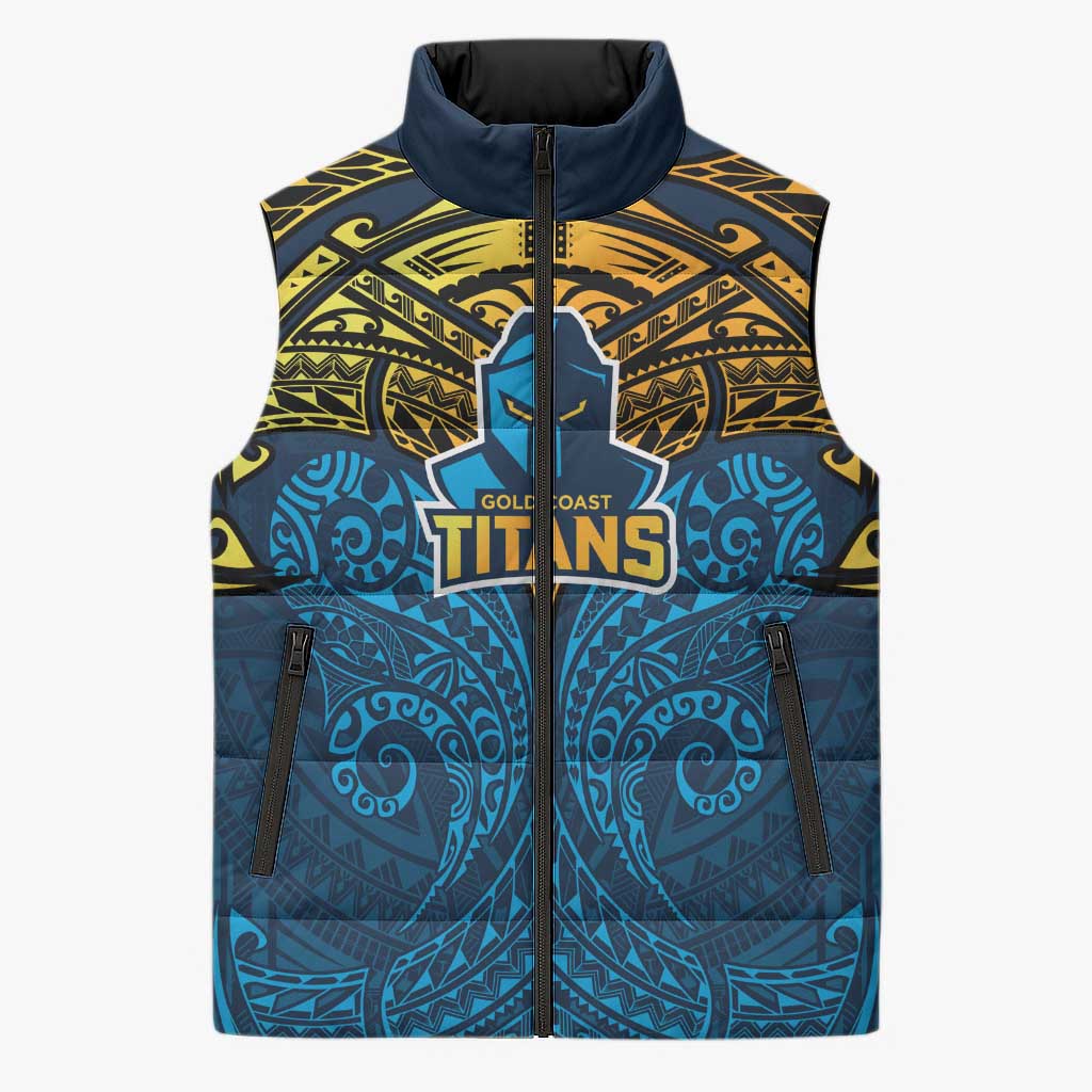 Personalized Gold Coast Titans Sleeveless Puffer Jacket Polynesian Tribal Pattern Style