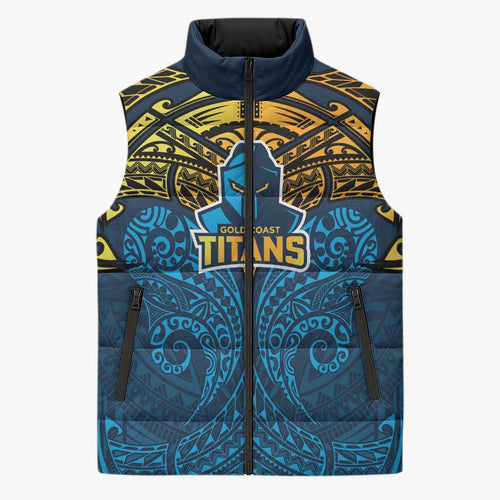 Personalized Gold Coast Titans Sleeveless Puffer Jacket Polynesian Tribal Pattern Style