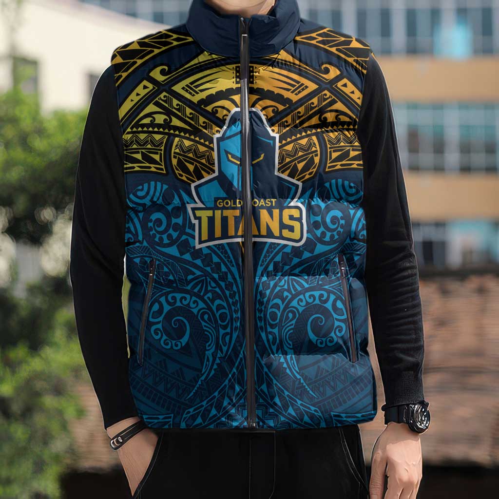 Personalized Gold Coast Titans Sleeveless Puffer Jacket Polynesian Tribal Pattern Style