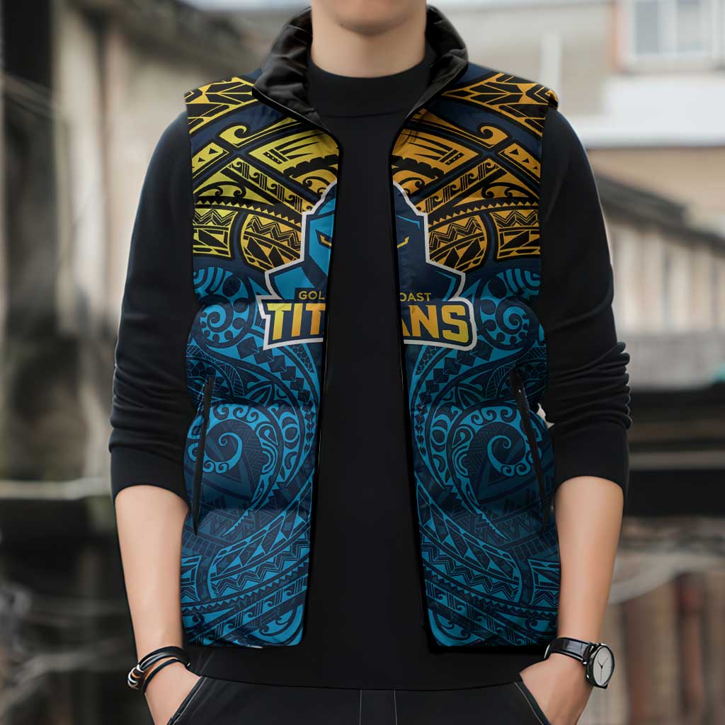 Personalized Gold Coast Titans Sleeveless Puffer Jacket Polynesian Tribal Pattern Style