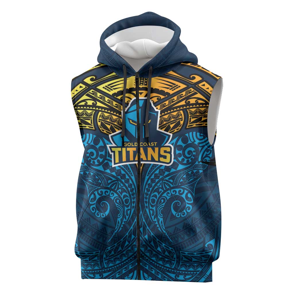 Personalized Gold Coast Titans Sleeveless Zip Hoodie Polynesian Tribal Pattern Style
