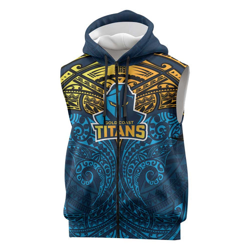 Personalized Gold Coast Titans Sleeveless Zip Hoodie Polynesian Tribal Pattern Style