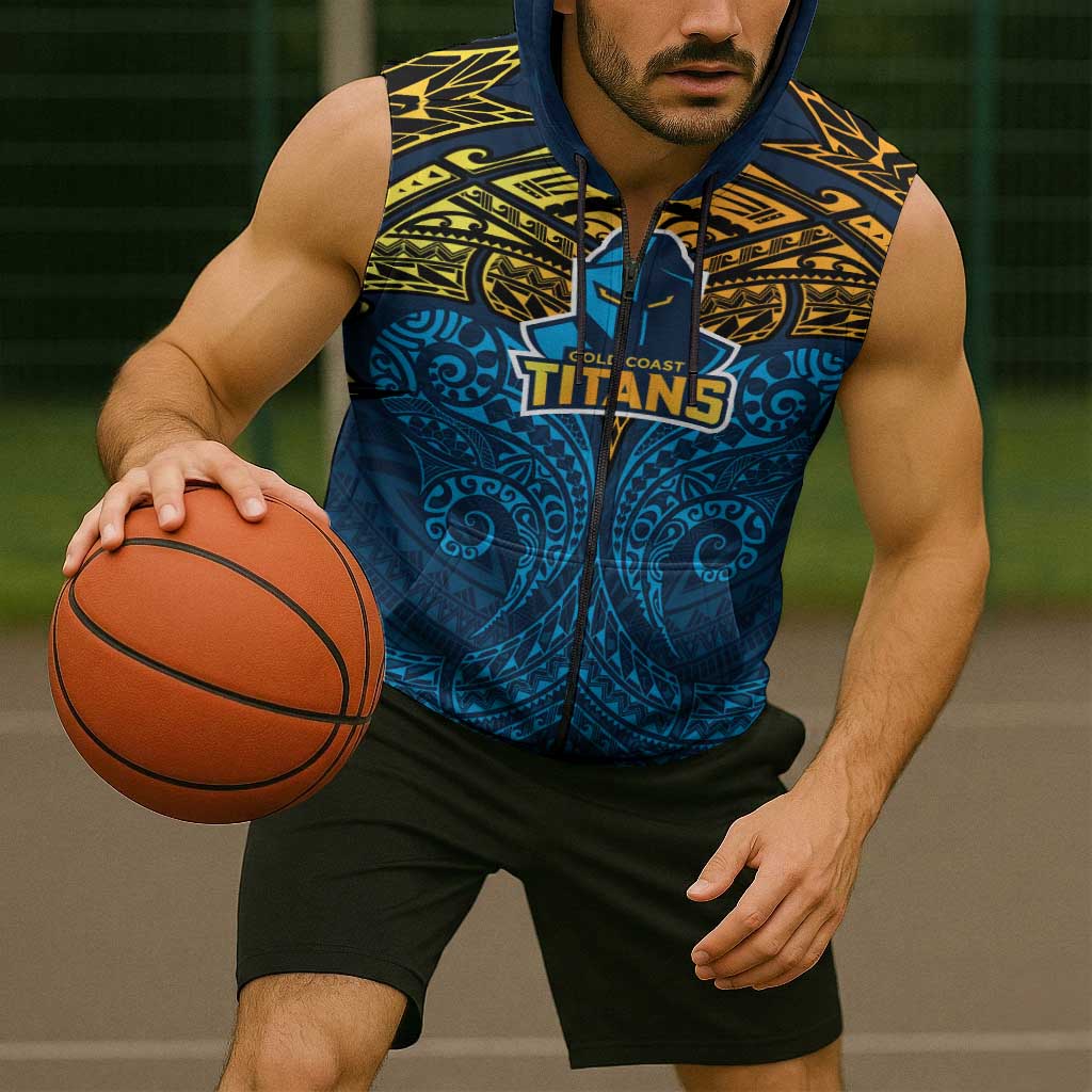 Personalized Gold Coast Titans Sleeveless Zip Hoodie Polynesian Tribal Pattern Style