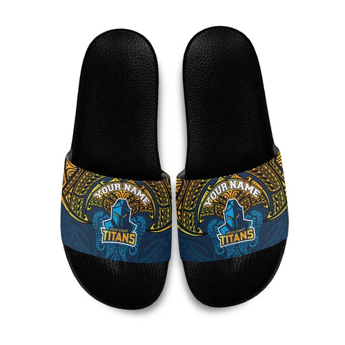 Personalized Gold Coast Titans Slide Sandals Polynesian Tribal Pattern Style