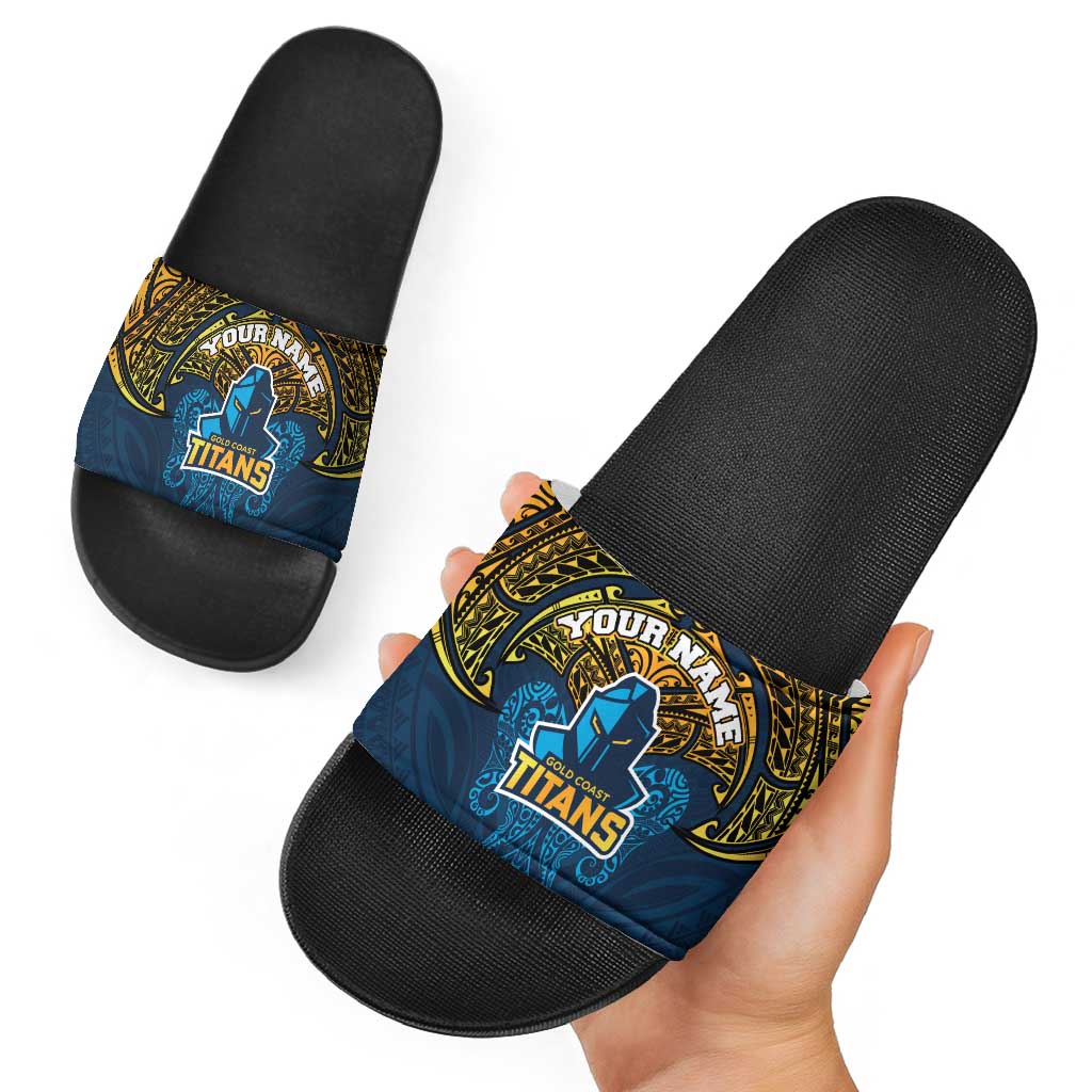 Personalized Gold Coast Titans Slide Sandals Polynesian Tribal Pattern Style
