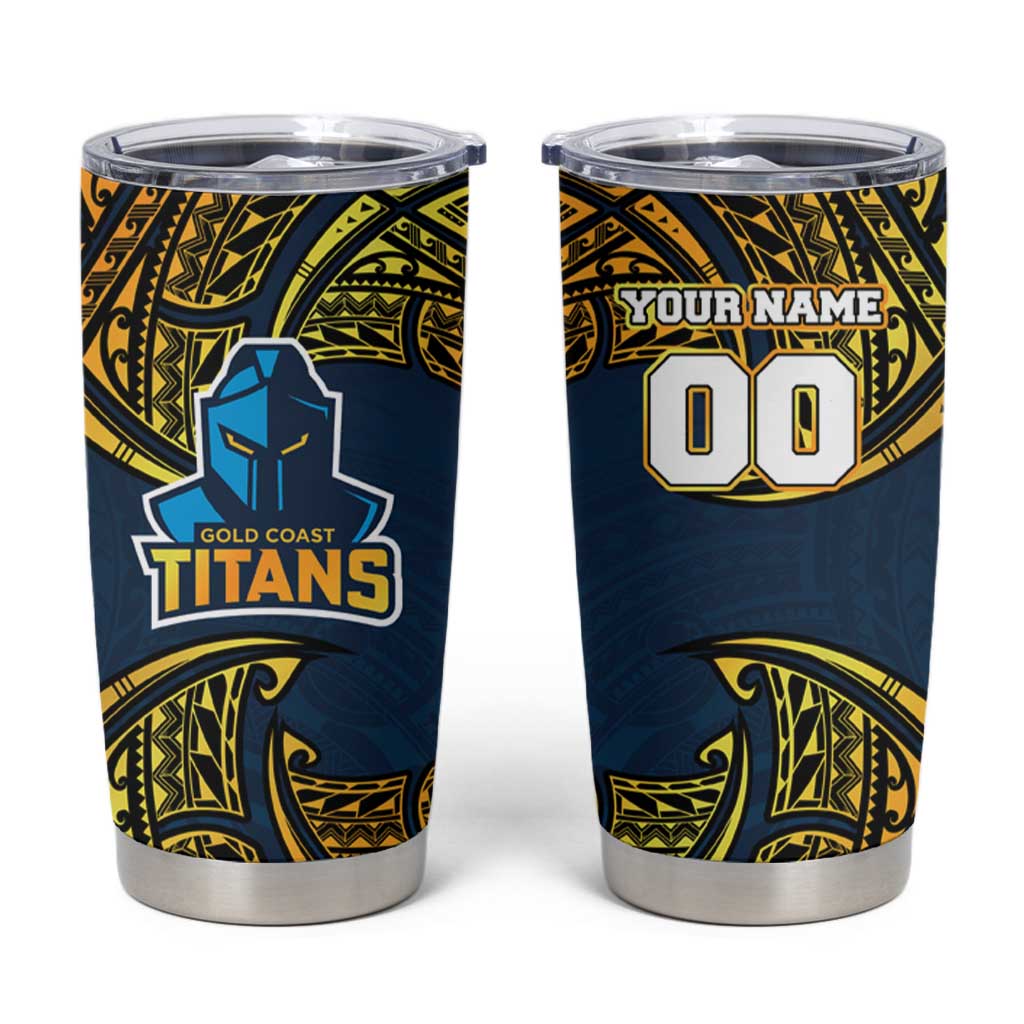 Personalized Gold Coast Titans Tumbler Cup Polynesian Tribal Pattern Style