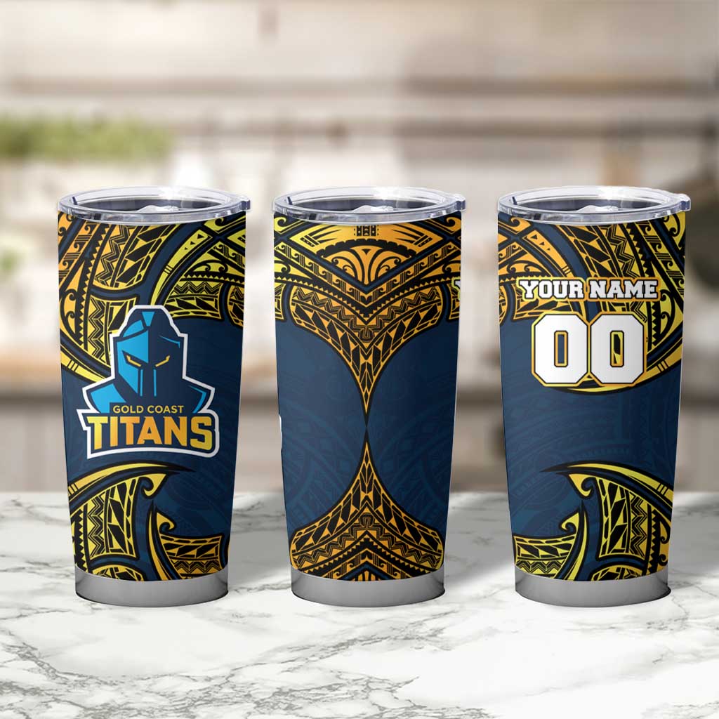 Personalized Gold Coast Titans Tumbler Cup Polynesian Tribal Pattern Style