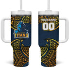 Personalized Gold Coast Titans Tumbler With Handle Polynesian Tribal Pattern Style