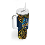 Personalized Gold Coast Titans Tumbler With Handle Polynesian Tribal Pattern Style