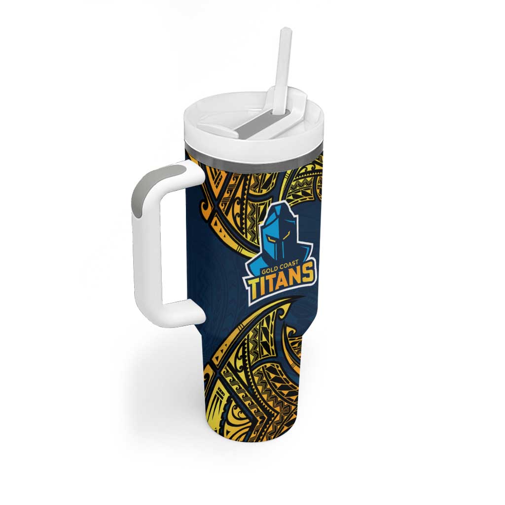 Personalized Gold Coast Titans Tumbler With Handle Polynesian Tribal Pattern Style