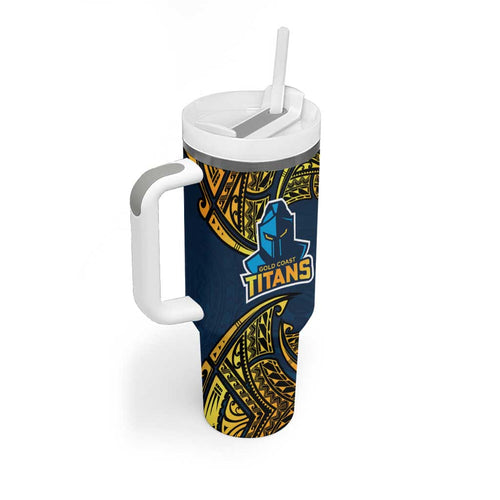 Personalized Gold Coast Titans Tumbler With Handle Polynesian Tribal Pattern Style