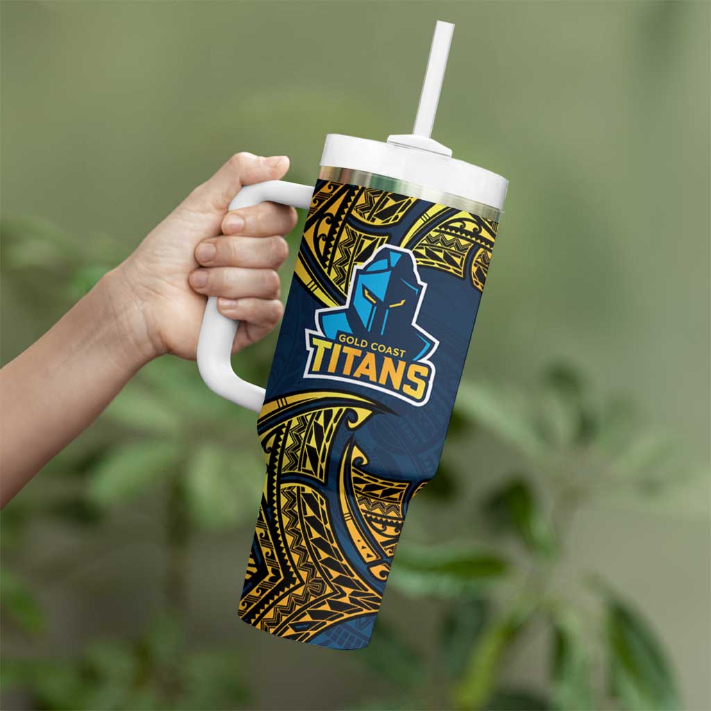 Personalized Gold Coast Titans Tumbler With Handle Polynesian Tribal Pattern Style