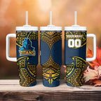 Personalized Gold Coast Titans Tumbler With Handle Polynesian Tribal Pattern Style