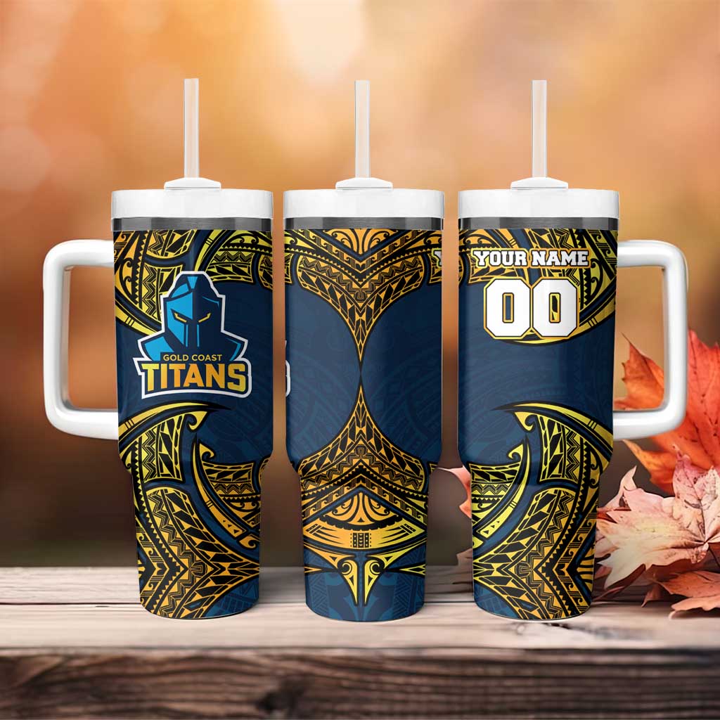 Personalized Gold Coast Titans Tumbler With Handle Polynesian Tribal Pattern Style